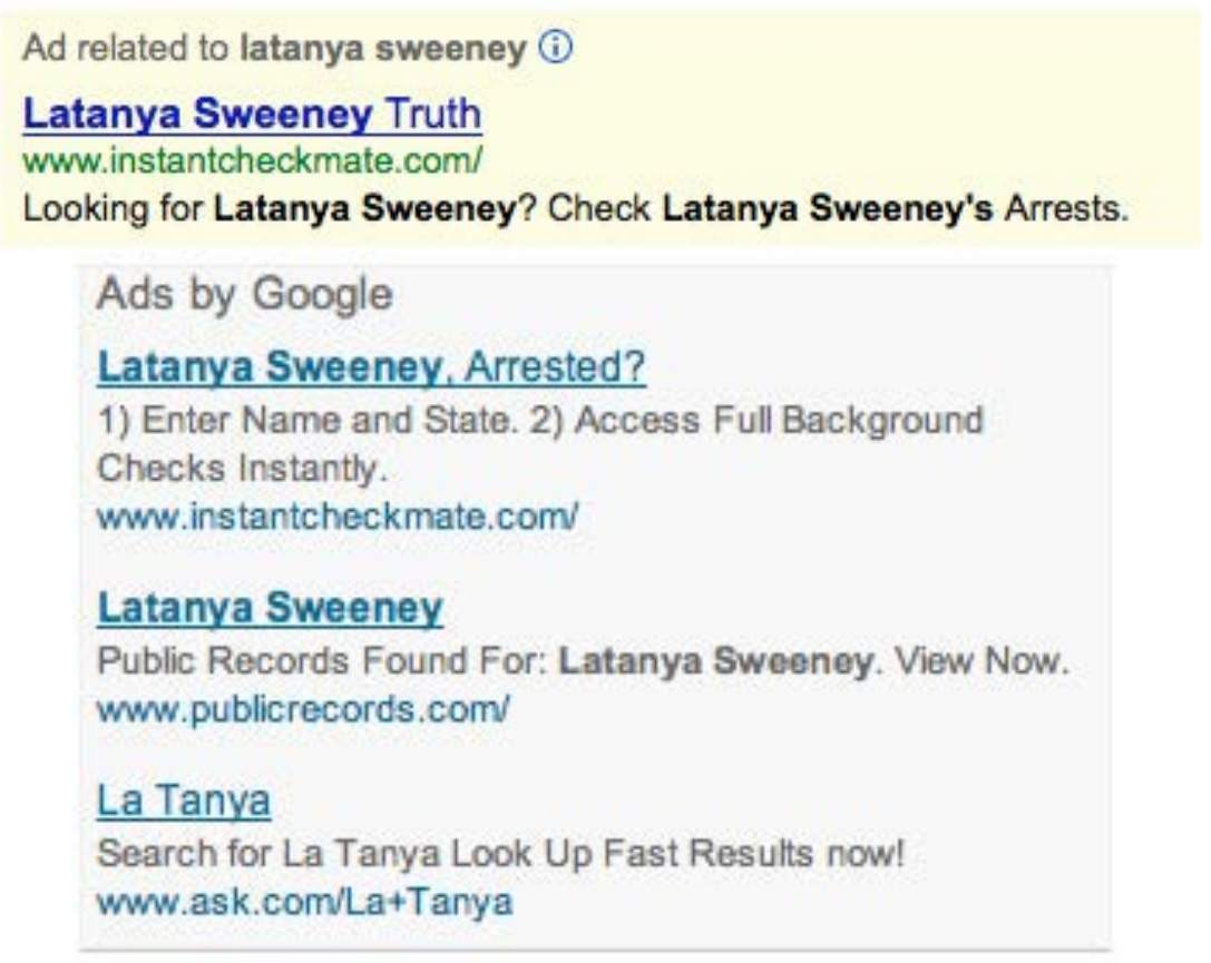 Screenshot of google search showing Professor Lantanya Sweeney 'arrested'